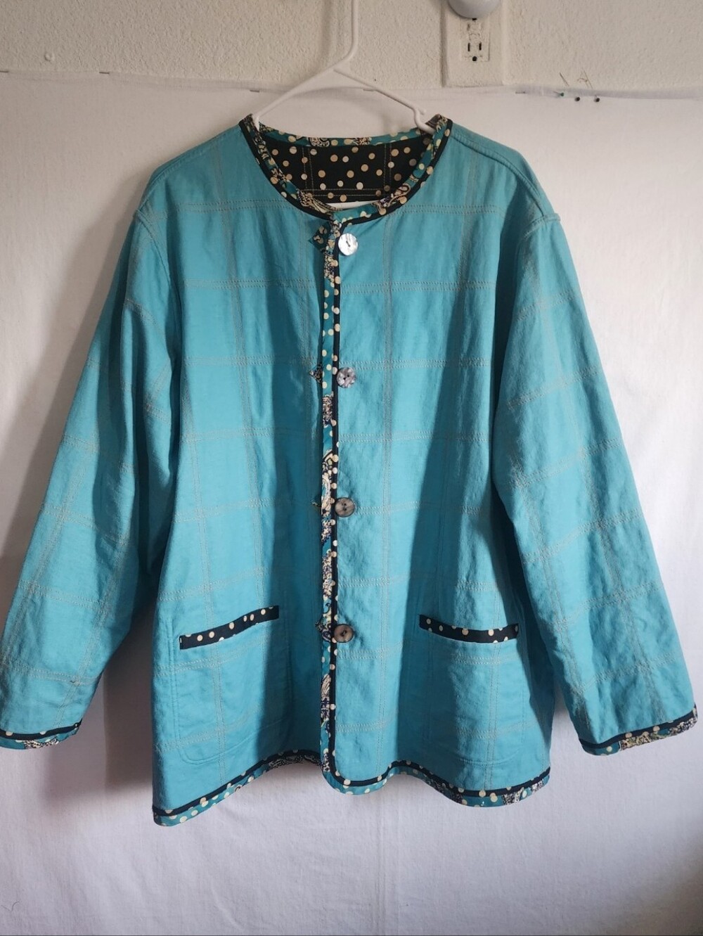 KOOS Of Course! .. Light Teal Collarless Button Front Jacket with Polka Dot Trim